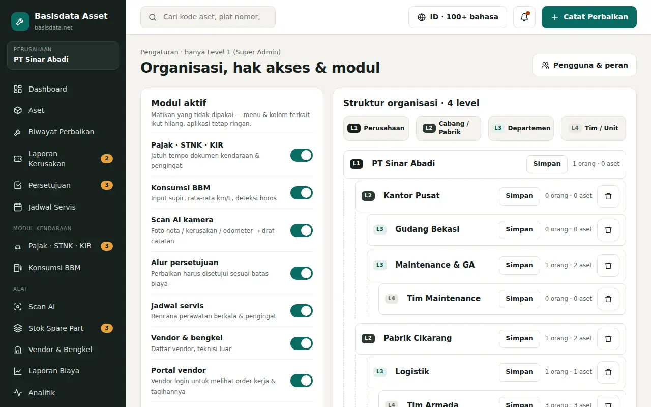 In Organisation, switch on only the modules you need. Inactive menus are hidden automatically.