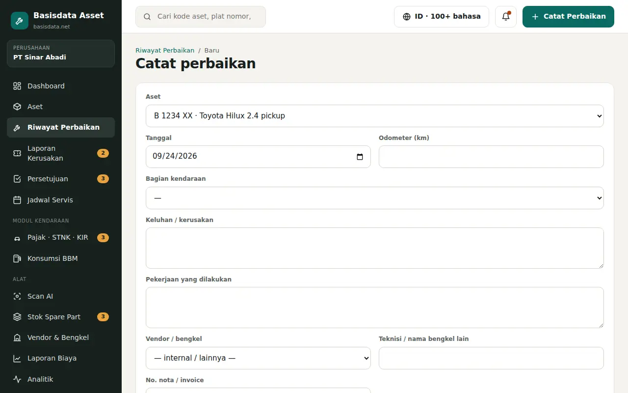 Choose the asset being repaired and the work date.