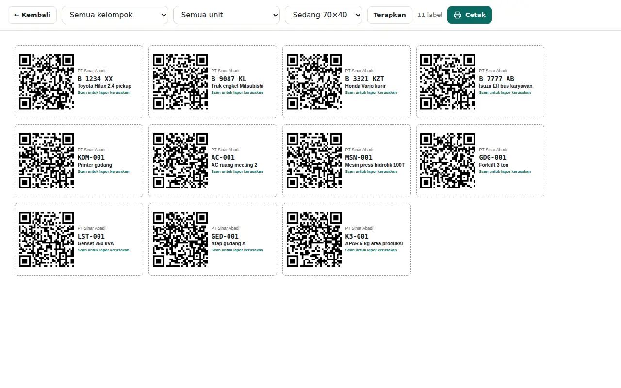 In QR Labels, pick a group or unit and sticker size, then click Print.